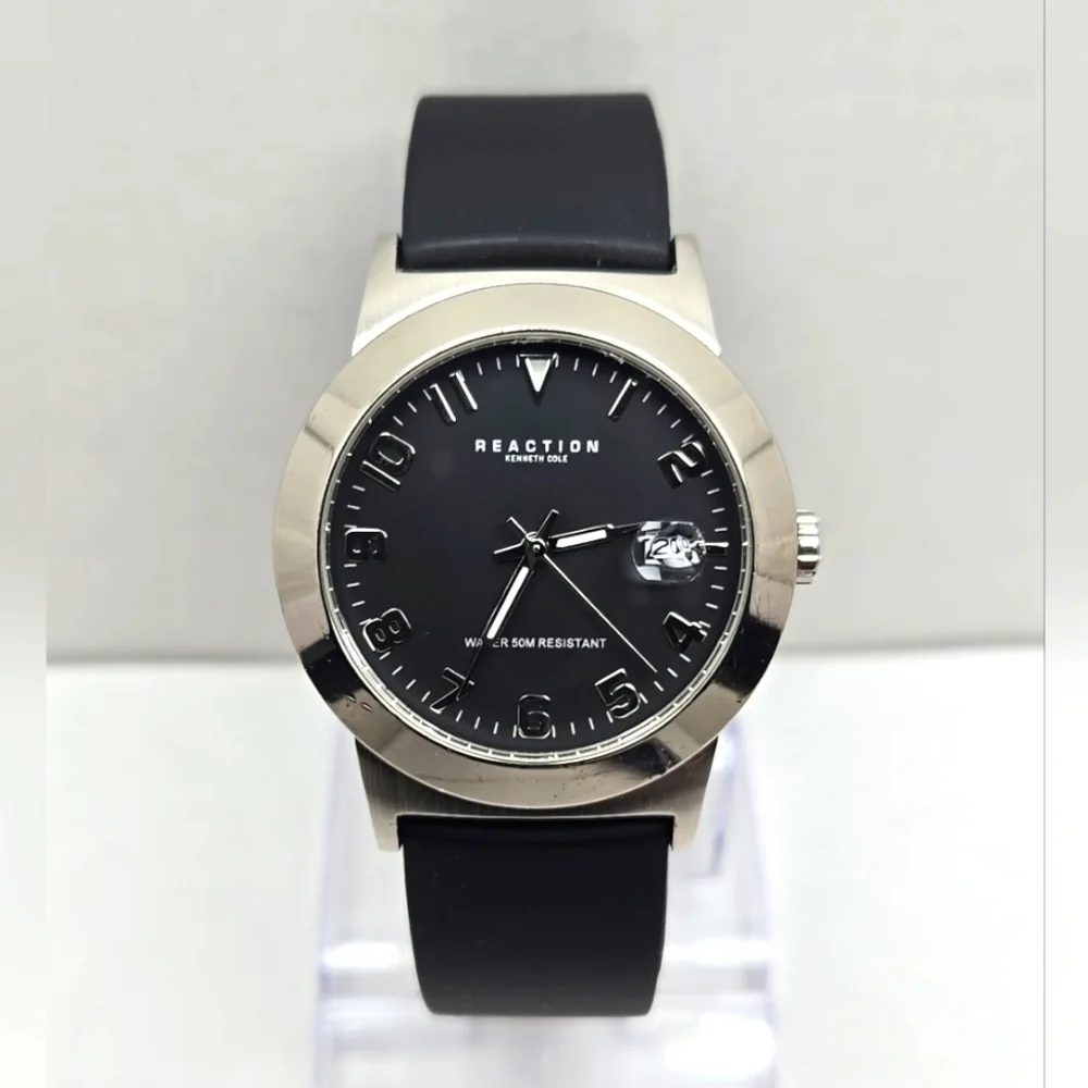 Vintage Mens Kenneth Reaction Silver Tone Quartz Date Watch New Battery RK1001
